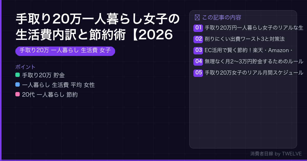 手取り20万一人暮らし女子の生活費内訳と節約術【2026年版】